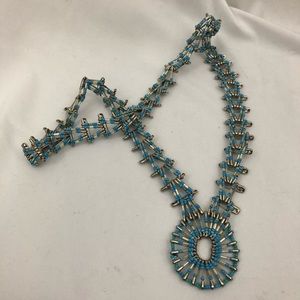 Unique Handmade Blue Beads Completely Made Out Of Silver Safety Pins 28”
